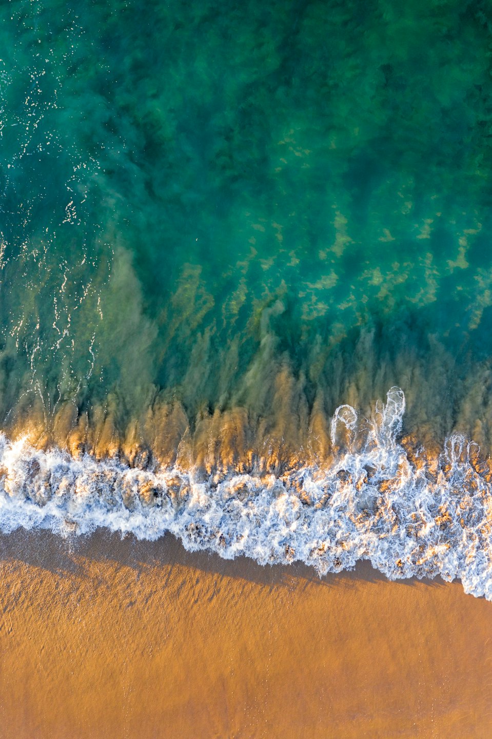 Ocean waves crash onto a golden sandy beach.